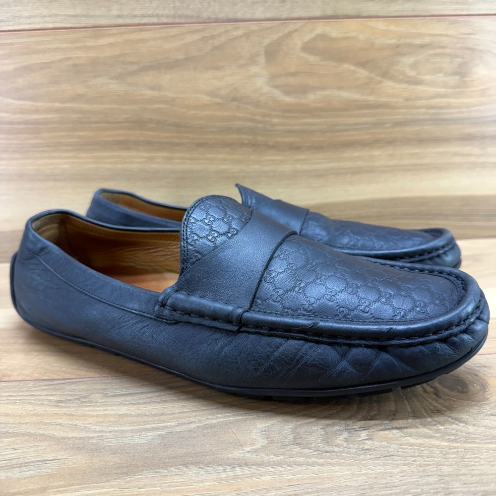 Gucci Micro Guccissima Driving Loafers Mens 8.5 Black Leather Penny Loafer Moc - Picture 2 of 11